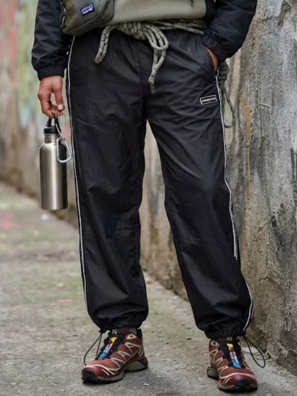 Weather Wear Black Nylon Track Pants Side Stripe Drawstring Cinch Hem Gorpcore S